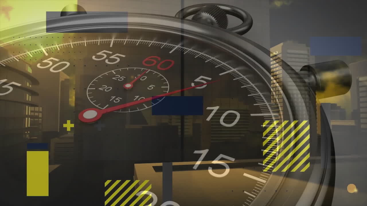 도시 풍경 위의 타이머와 모양의 애니메이션