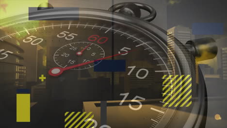 animation of timer and shapes over cityscape