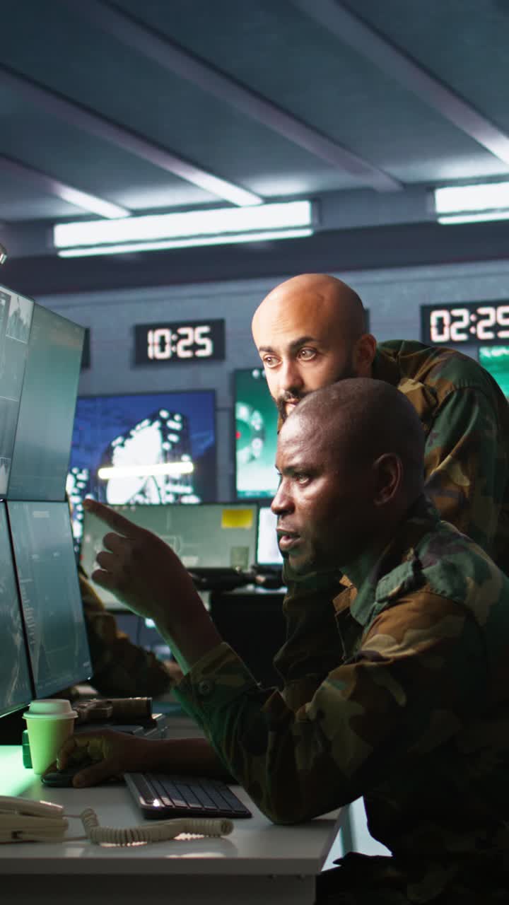 Vertical video Team of army telecommunications operators using radio and satellite gear