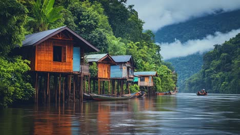 river houses in a tropical rainforest