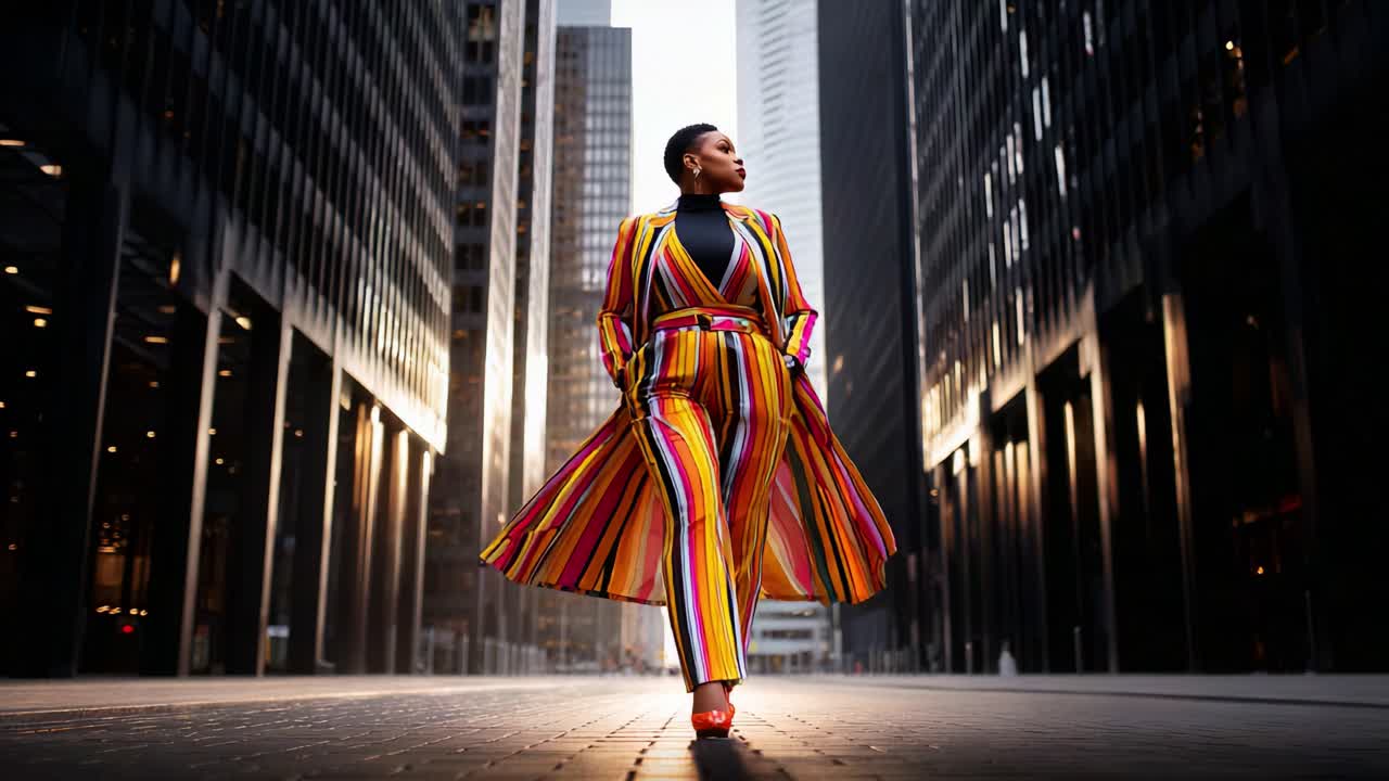 A confident individual in vibrant, multicolored attire strikes a powerful pose in an urban setting, showcasing bold fashion against the backdrop of modern skyscrapers and city life