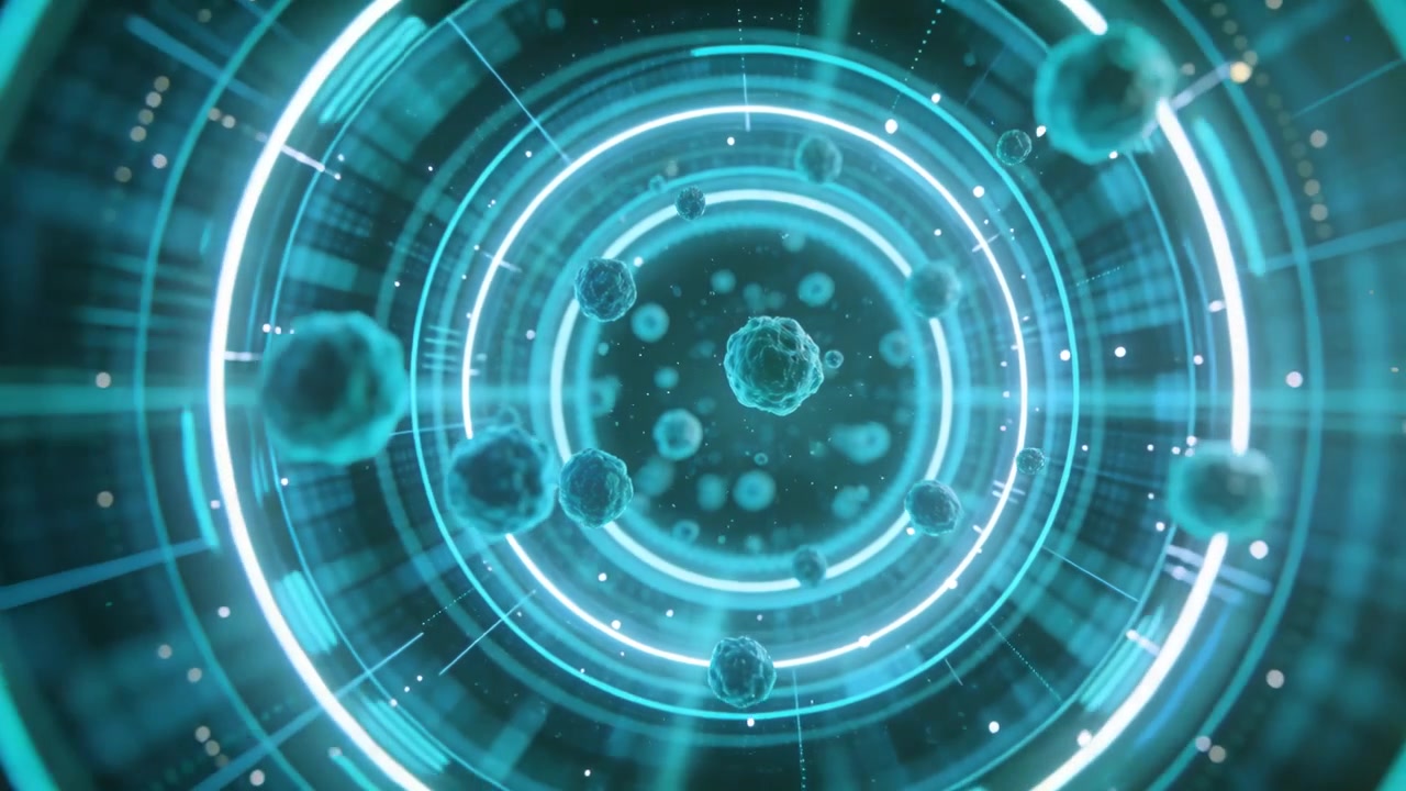 Pulsing central rings rotating slowly in data tunnel, pulling textured spheres simulating data flow