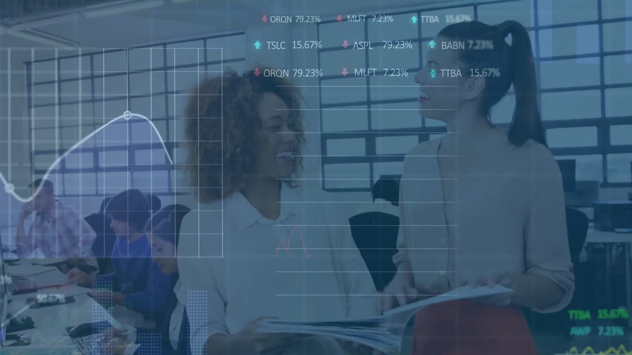 Animation of stock market data processing over diverse man and woman discussing at office