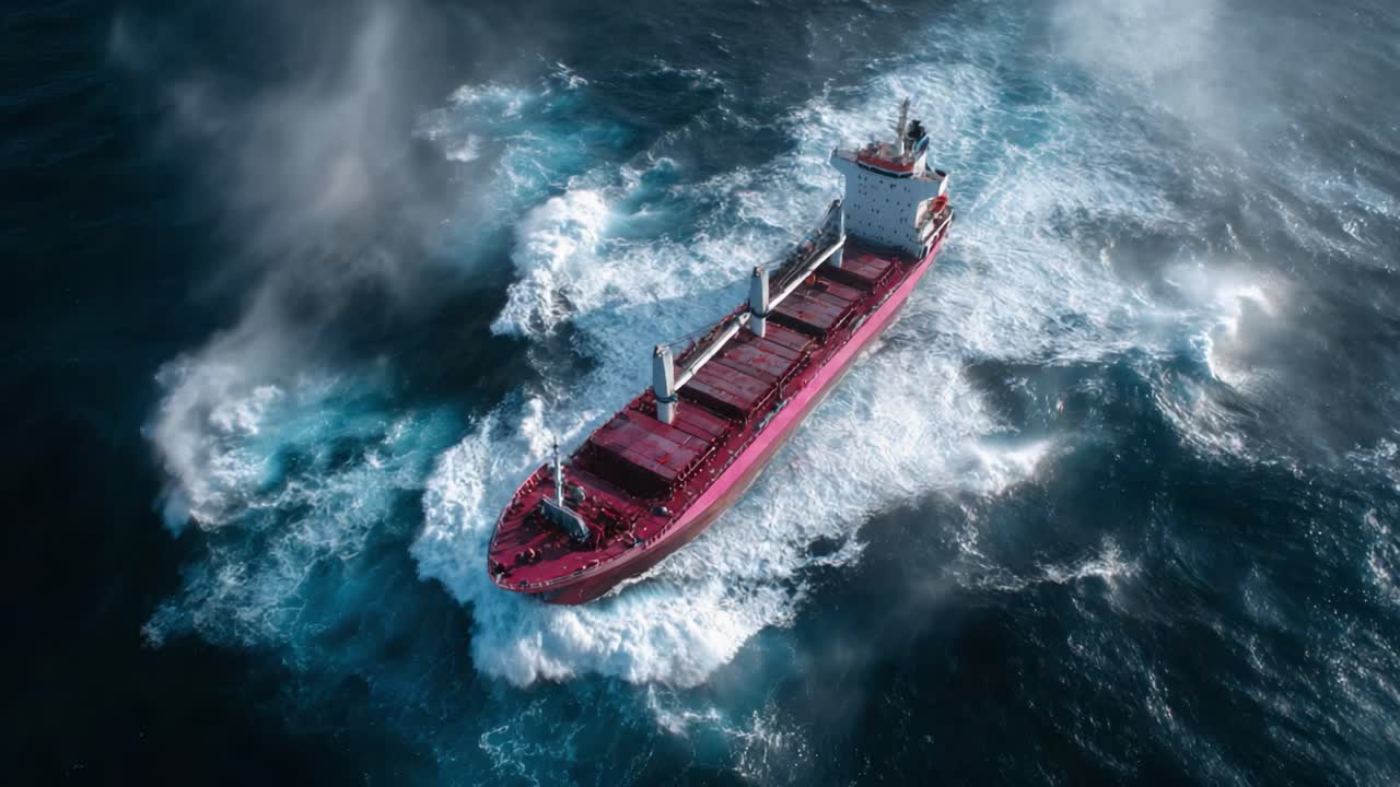 Aerial View of a Large Cargo Ship Maneuvering Through Choppy Seas, Emitting White Wake as It Travels Across the Ocean Surface, Surrounded by Mist and Waves