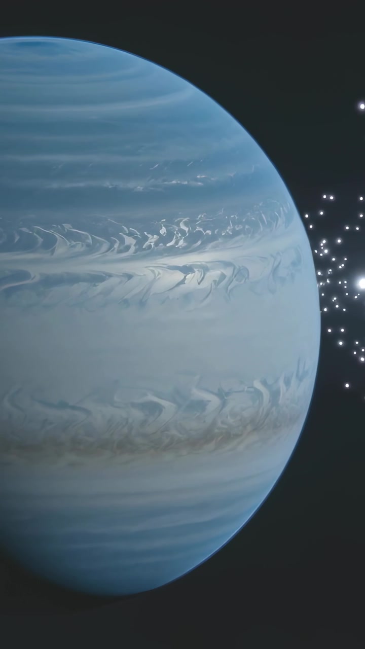 Vertical video: Panning camera showing blue gas giant shifting in space to reveal nearby lights