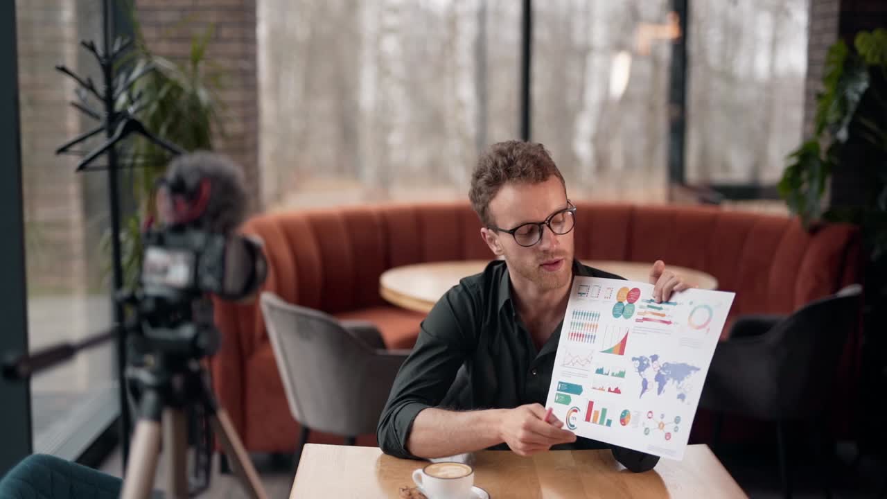 un joven elegante graba una presentación de video con infografías en un café