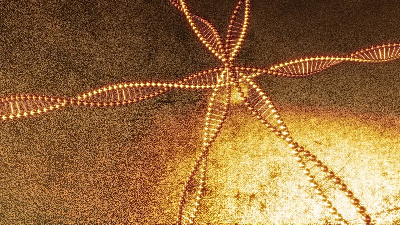 dna 분자의 소용돌이와 함께 황금 기하학적 배경 3d 렌더링 루프 4k