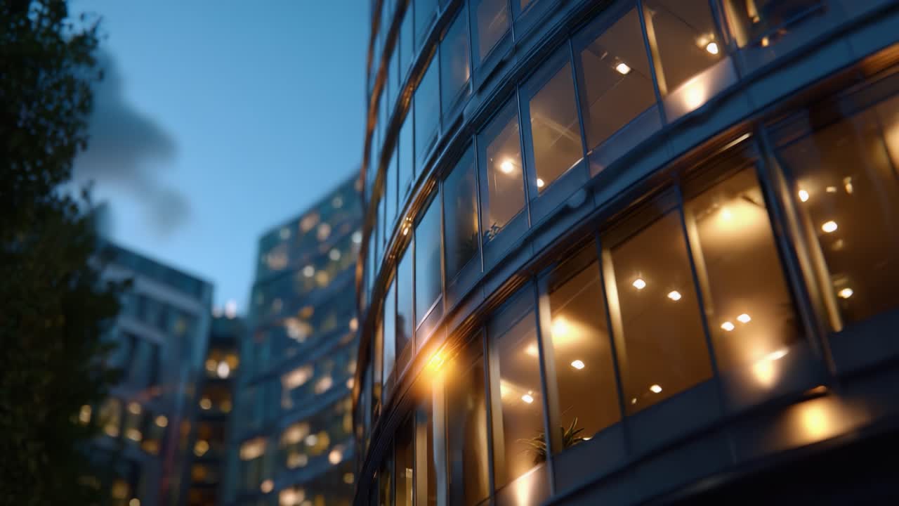 近代的なガラスの建物が夕暮れの光を反射し、都会の建築物を際立たせています。窓から光が差し込み、夕暮れの背景と相まって穏やかな雰囲気を醸し出しています。