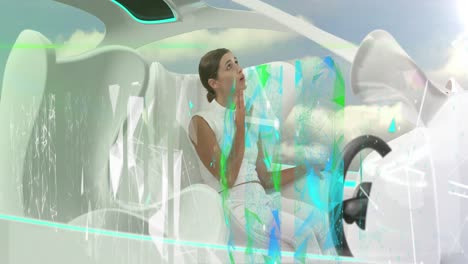 Animation-of-data-processing-over-woman-in-self-drive-car