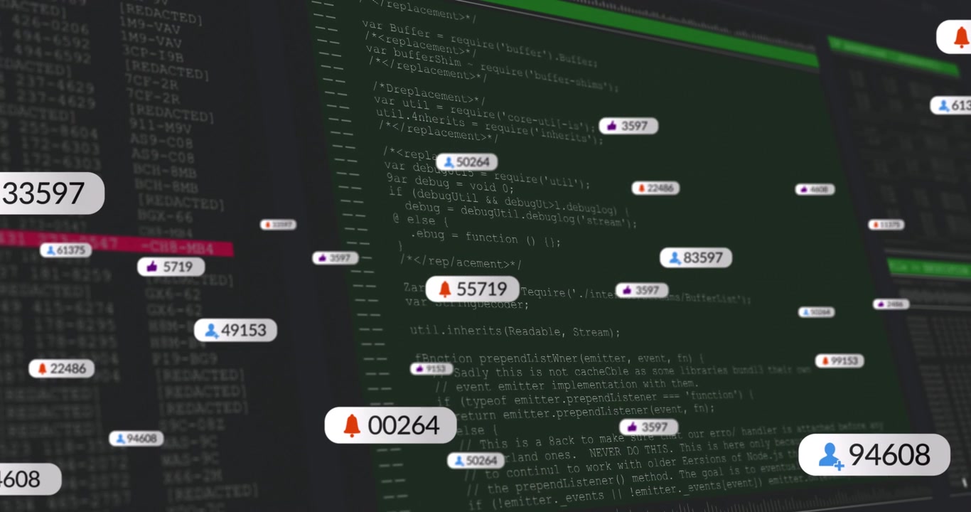 Monitor displaying green syntax highlights while floating notification icons showing counters