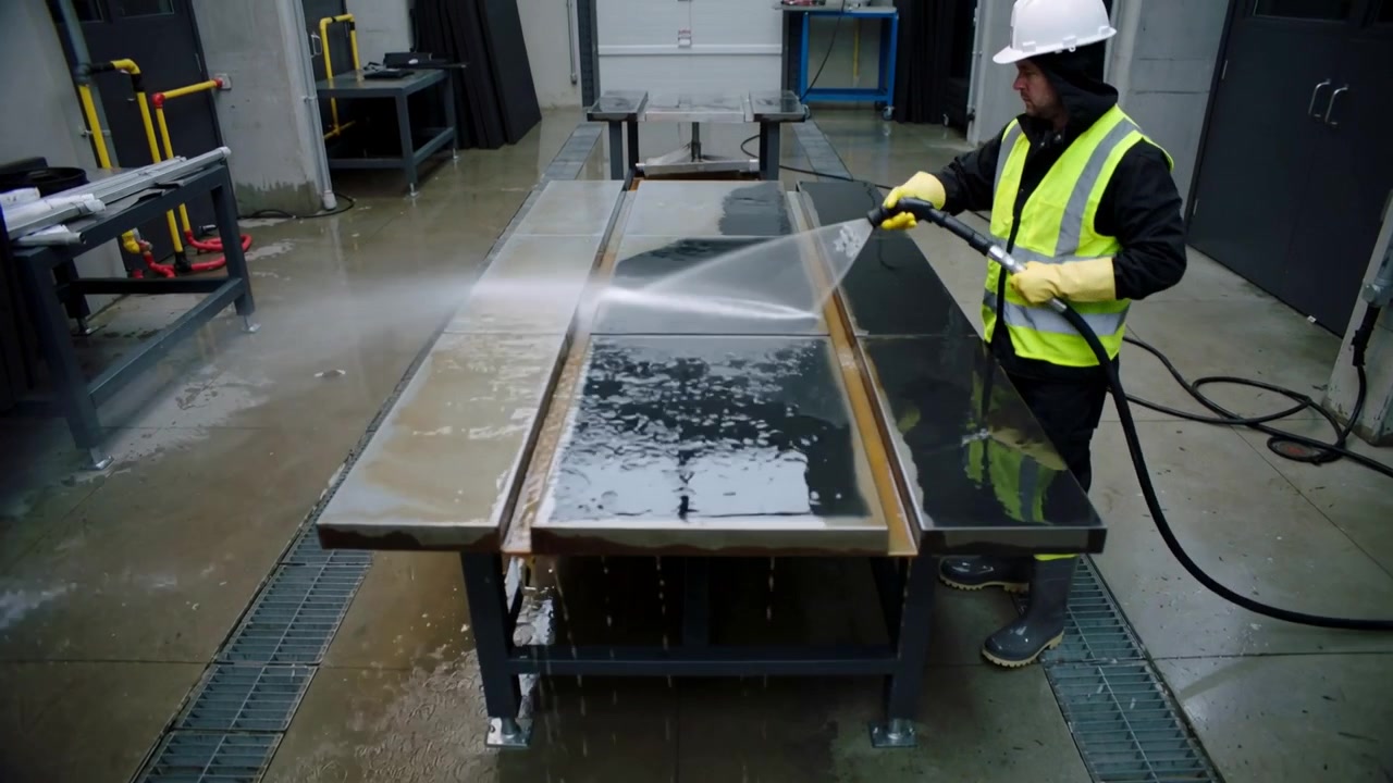 Rinsing worker in hi-vis clearing coating from slabs with pressure hose to drains, copy space