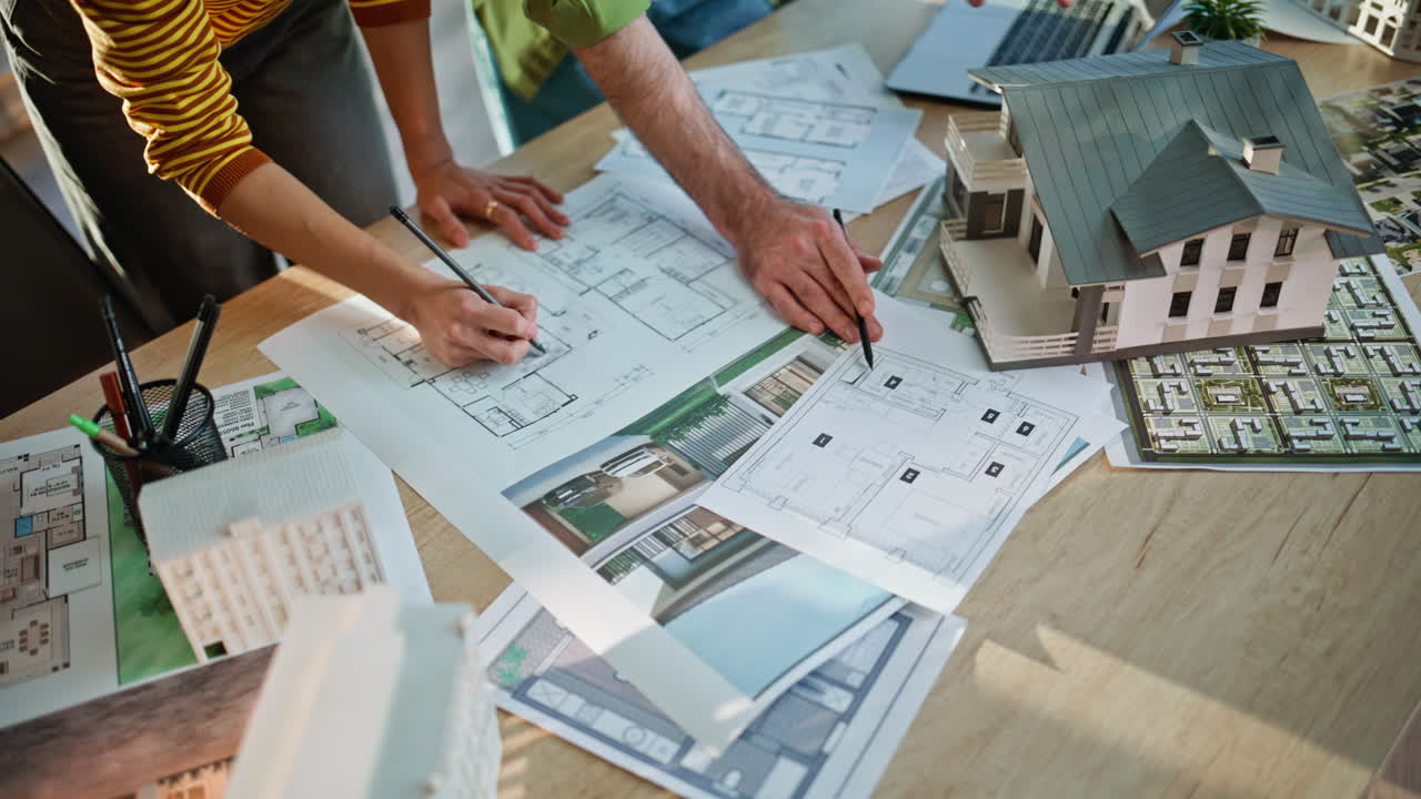 Progettisti architettonici che esaminano il piano di costruzione in primo piano in ufficio. Le mani contrassegnano