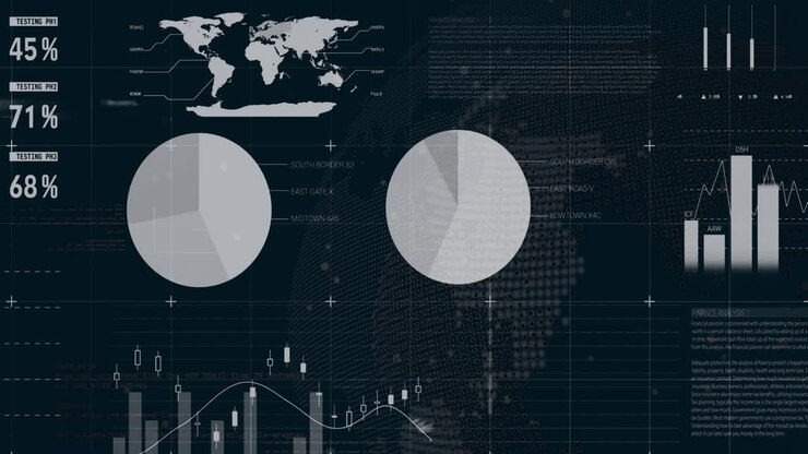 Animation of infographic interface over rotating globe against black background
