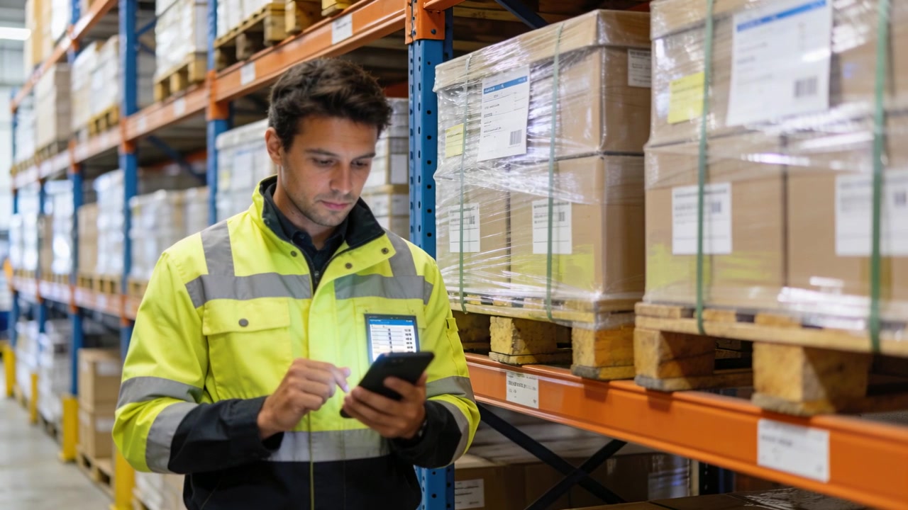Tapping worker in hi-vis jacket checking stock on scanner in warehouse aisle, verifying box labels