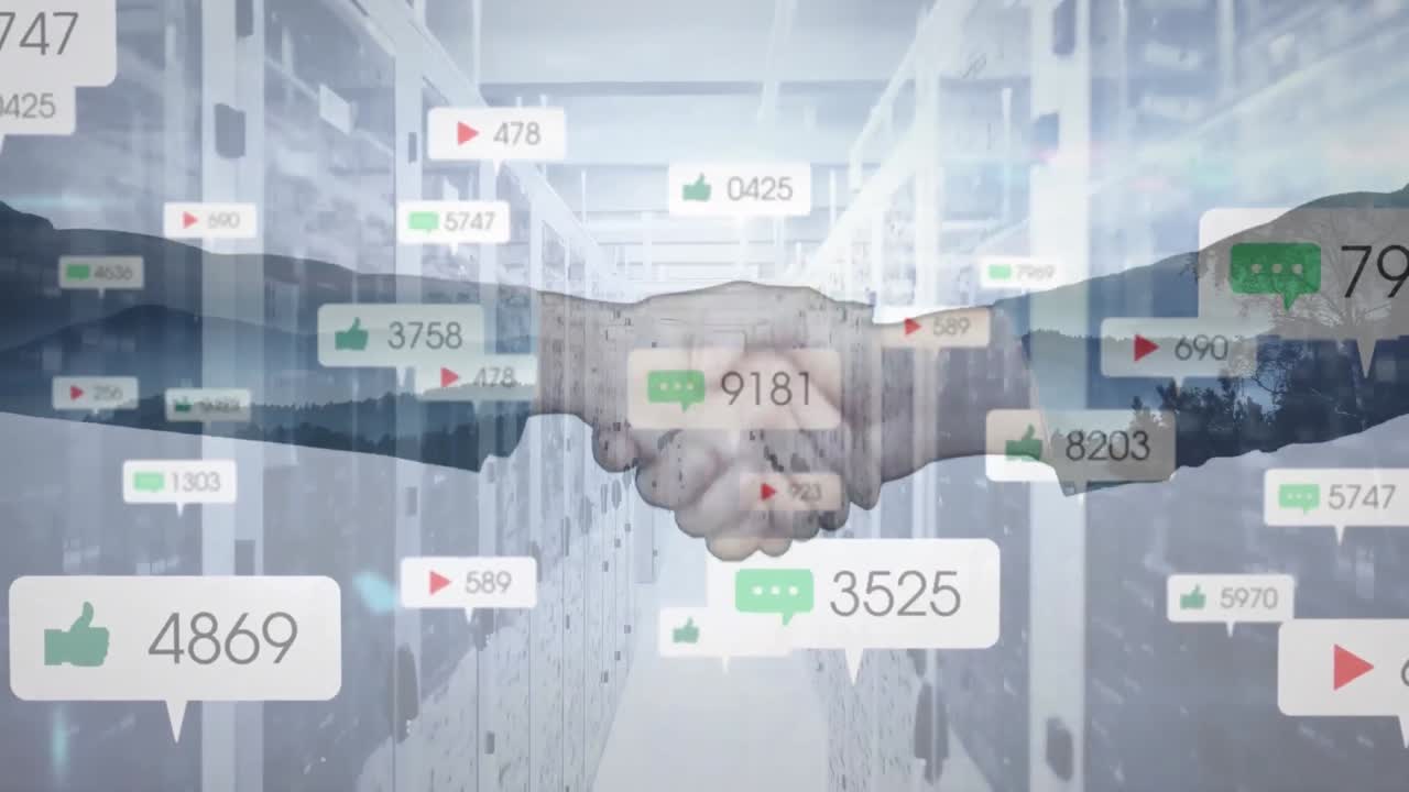 소셜 미디어 아이콘과 번호 및 컴퓨터 서버에 대한 사업가의 악수 애니메이션