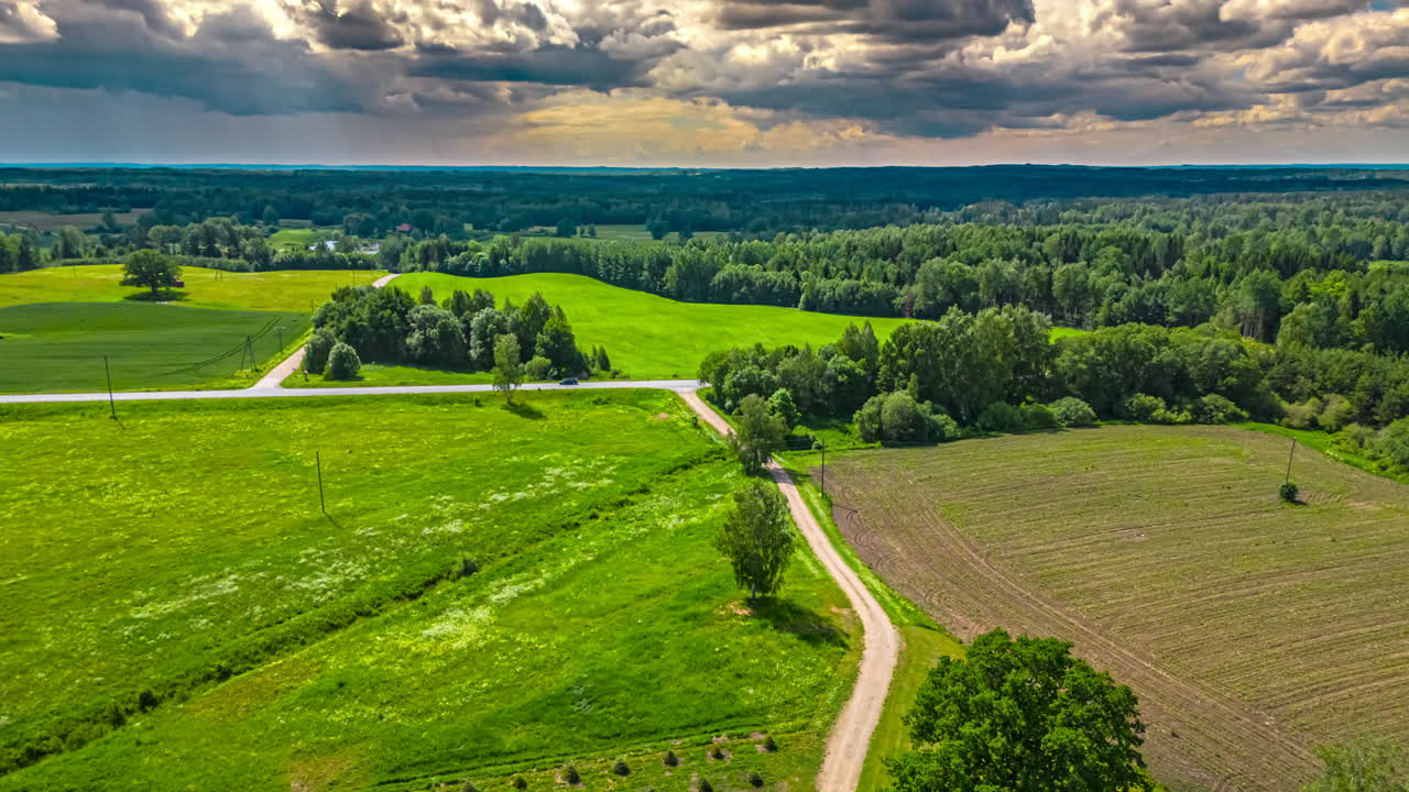 Aerial View of Serene Green Countryside Farm