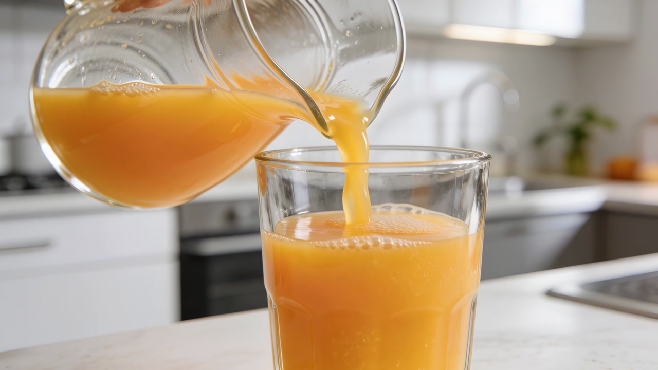 Vertical video: Offscreen hand tilting pitcher, pouring orange juice into clear glass for food