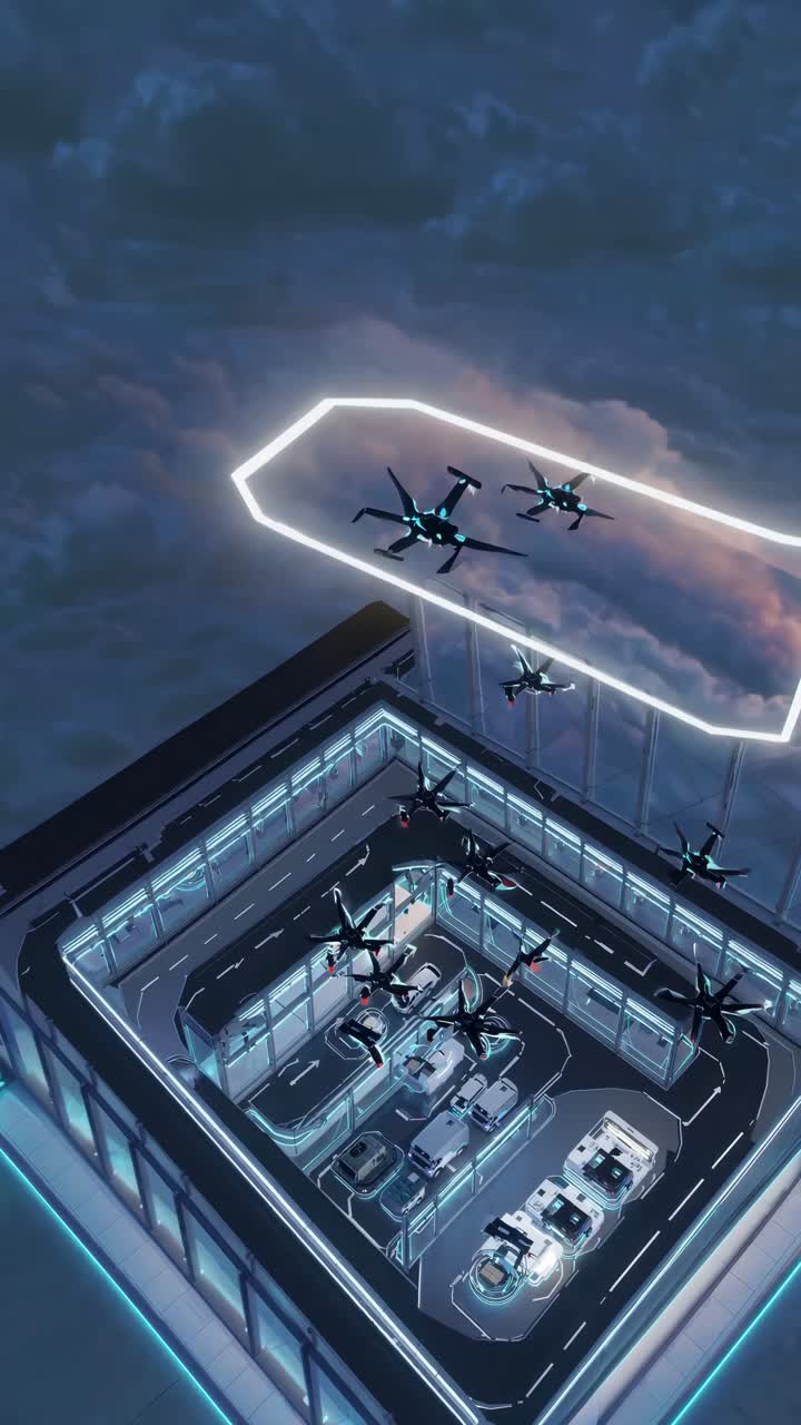 Futuristic rooftop with drones, showcasing advanced technology. Drones hover over a modern building