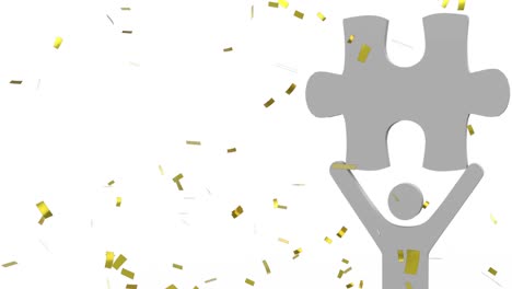 Animation-of-gold-confetti-floating-over-man-holding-puzzle