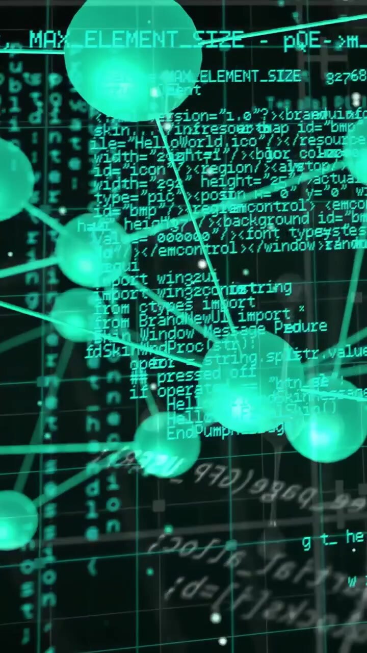 Camera panning over teal node network, nodes glowing, code scrolling, revealing data flow for tech