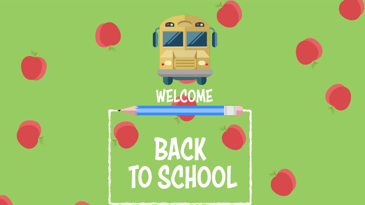 애플 아이콘이 초록색 배경의 학교 텍스트에 환영을 표시하고 있습니다.