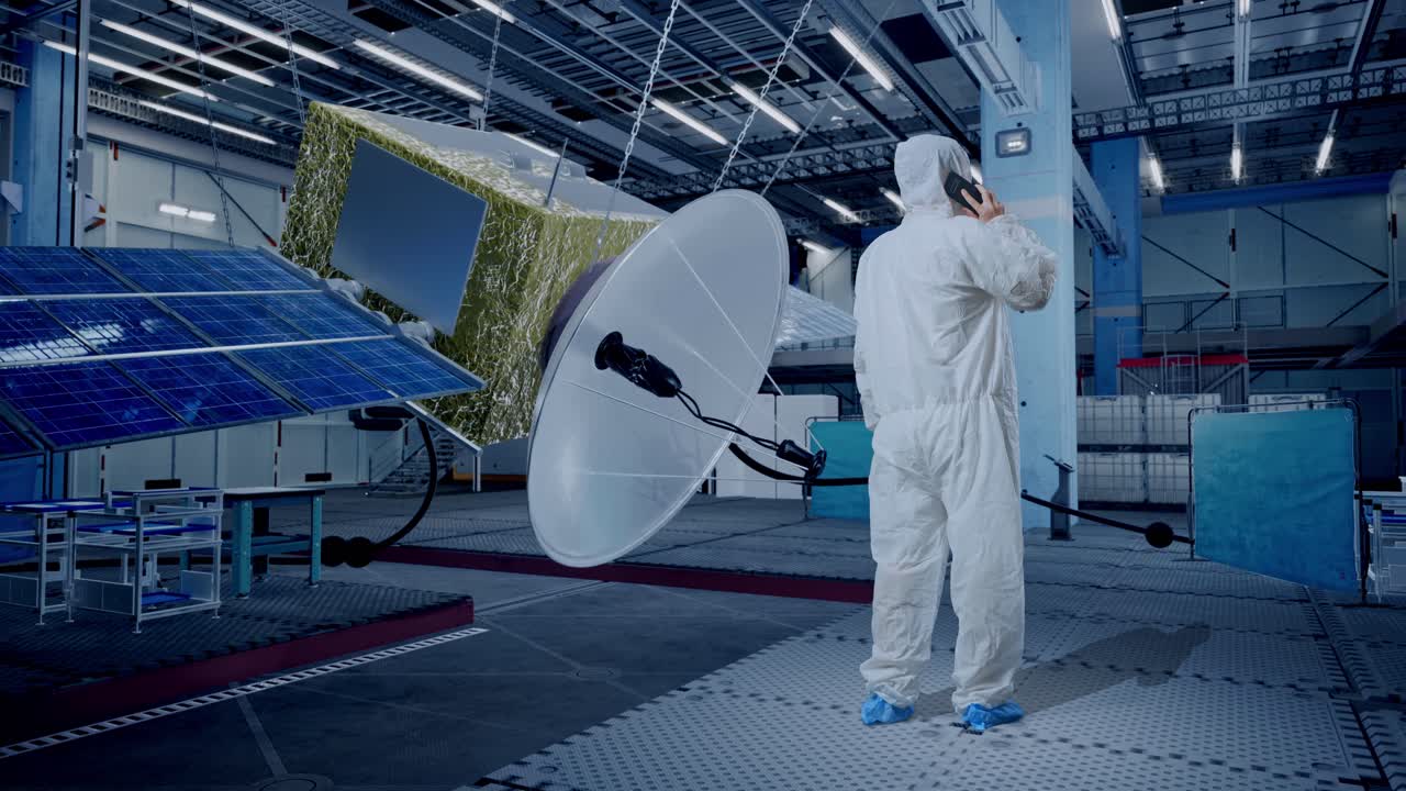 vista trasera del cuerpo completo del científico masculino asiático hablando en teléfono inteligente mientras está de pie con la construcción de la nave espacial