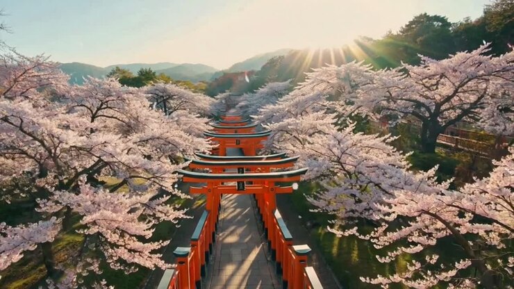 Percorso del cancello del santuario di Fushimi Inari con fiori di ciliegio in primavera