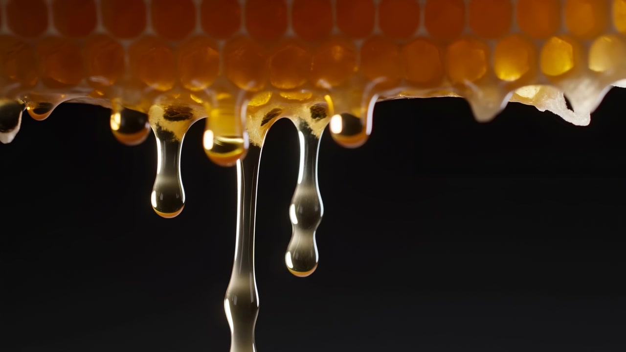 Vista macro estrema della parte inferiore di un favo con molteplici goccioline ambrate che si allungano dalle celle esagonali di cera su sfondo scuro, con riflessi lucidi, sottili filamenti liquidi e una ricca trama organica.