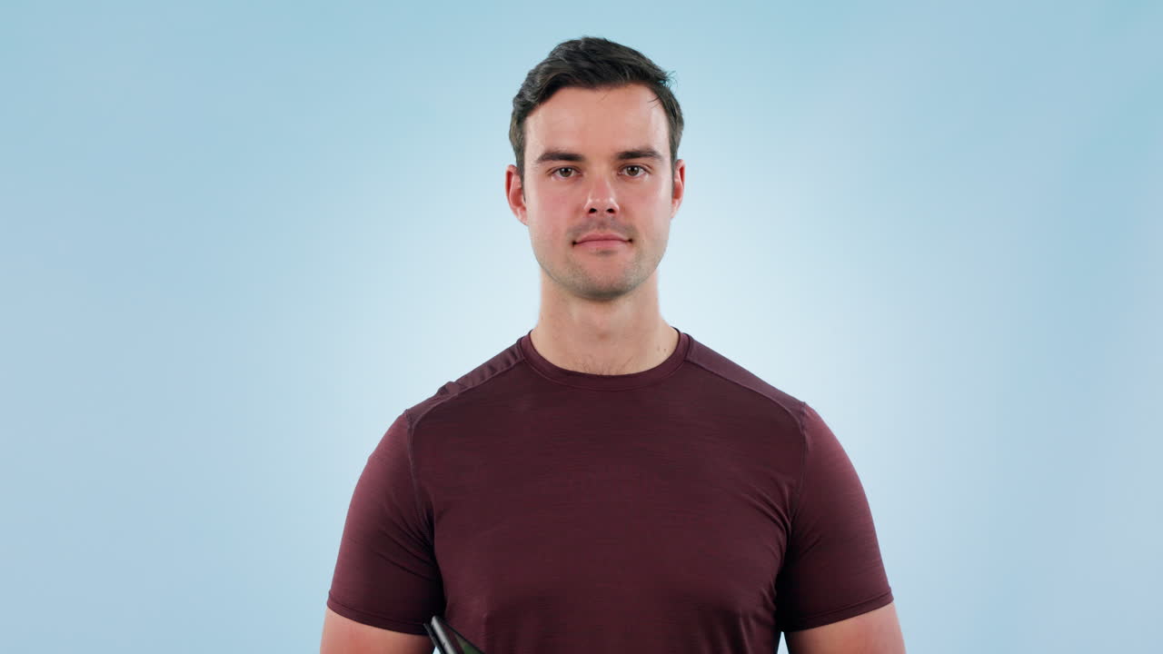 Man, fitness and thumbs up with green screen