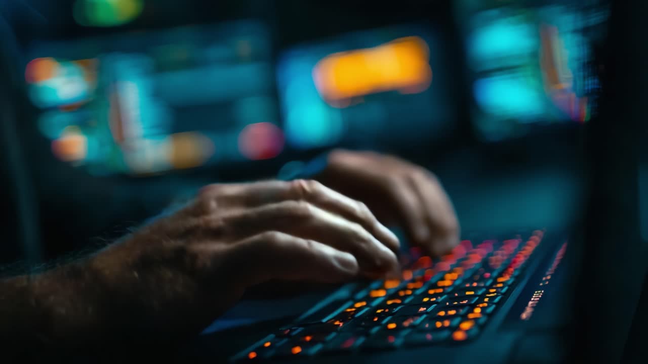 Focused hands typing on a vibrant keyboard, set against a backdrop of blurred screens displaying data, embodies the intensity of modern digital work and cybersecurity