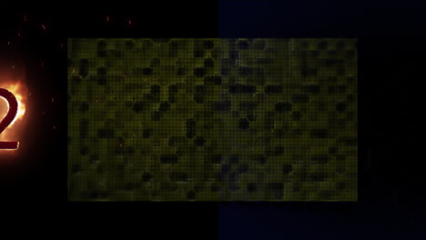animación de la pantalla con cuadrados verdes y número en llamas sobre fondo negro