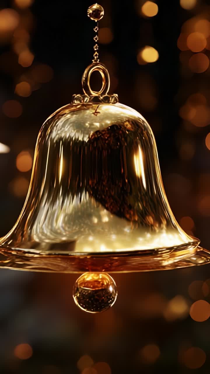 Uno sguardo ravvicinato a una campana dorata finemente realizzata, che luccica elegantemente su uno sfondo dorato morbido e sfocato, riflettendo la luce e catturando l'attenzione