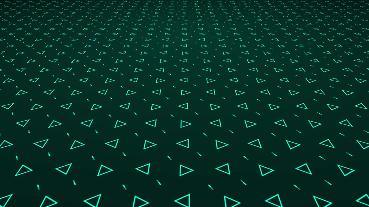 Stroked pentagonal triangles with moving lines and geometric pattern shapes positioned on 3D angled plane amid dark gradient background drifting through space dynamic visual effect graphics teal aqua