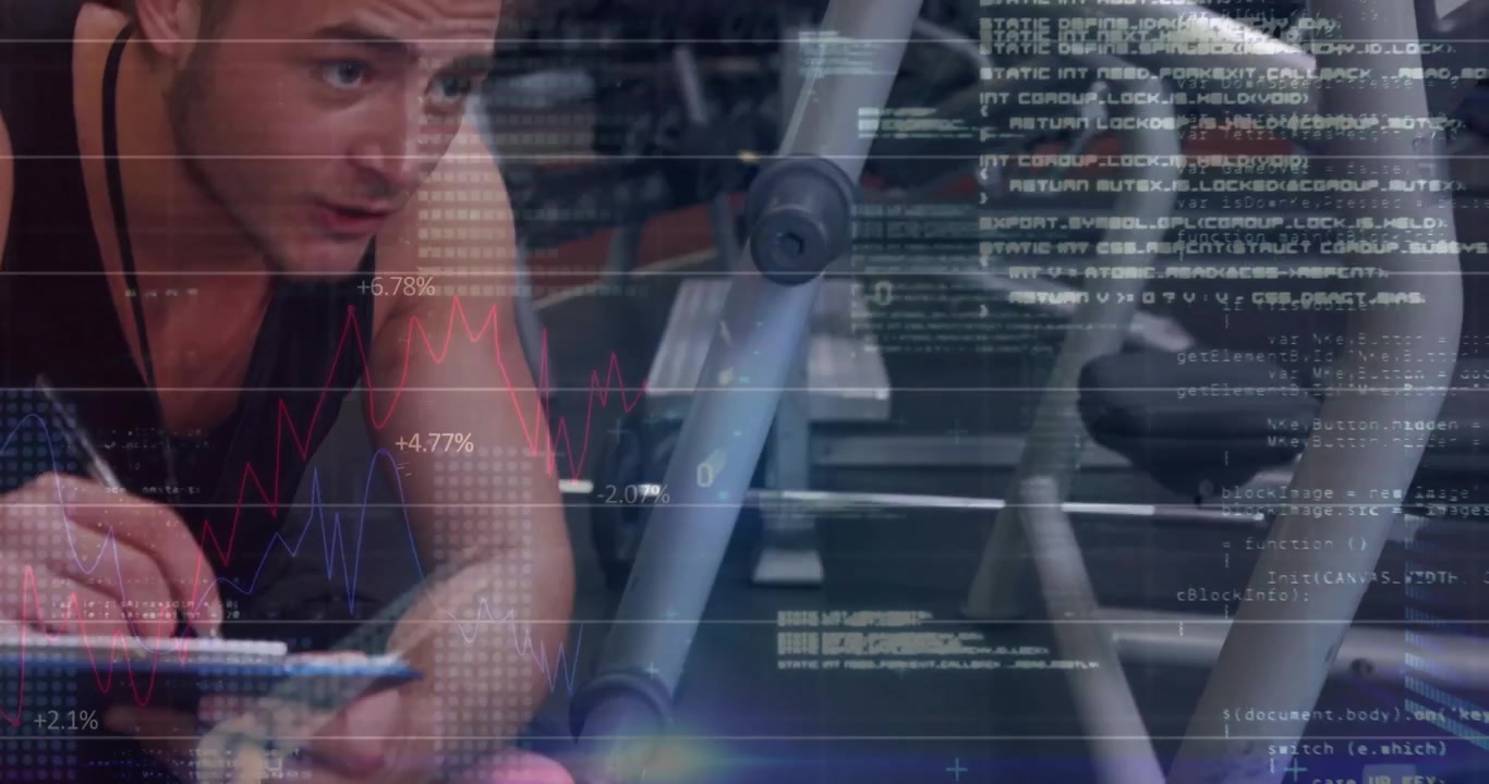 En træner justerer et håndtag og skriver på en udklipsblok, mens en klient holder planke på en blå måtte til en fitnesstest.