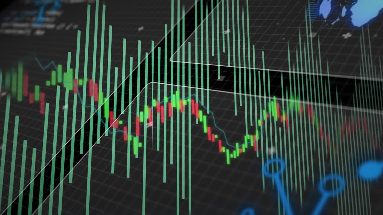 On start 3D chart shifting candles, turquoise bars fluctuating, revealing globe, for market trends