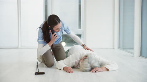 Accident,-phone-call-and-nurse-with-old-woman