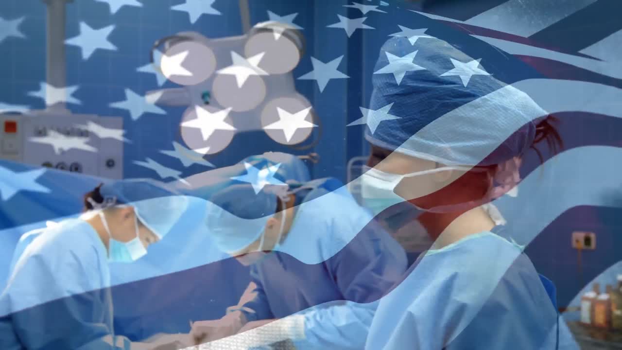 수술실 에서 외과의사 위 에 흔들리는 미국 국기 의 애니메이션