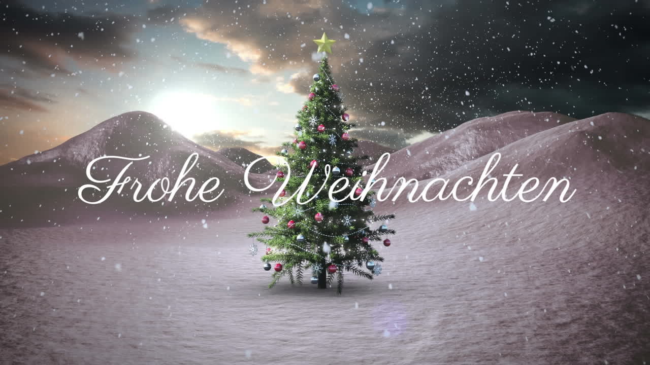 Text „Frohe Weihnachten“ und fallender Schnee vor einem Weihnachtsbaum in einer Winterlandschaft