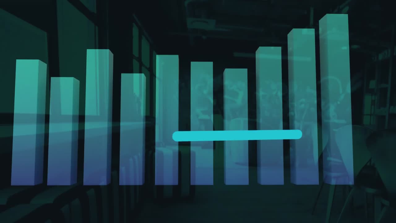 icone digitali sullo smartphone sull'elaborazione dei dati statistici contro un ufficio vuoto in background