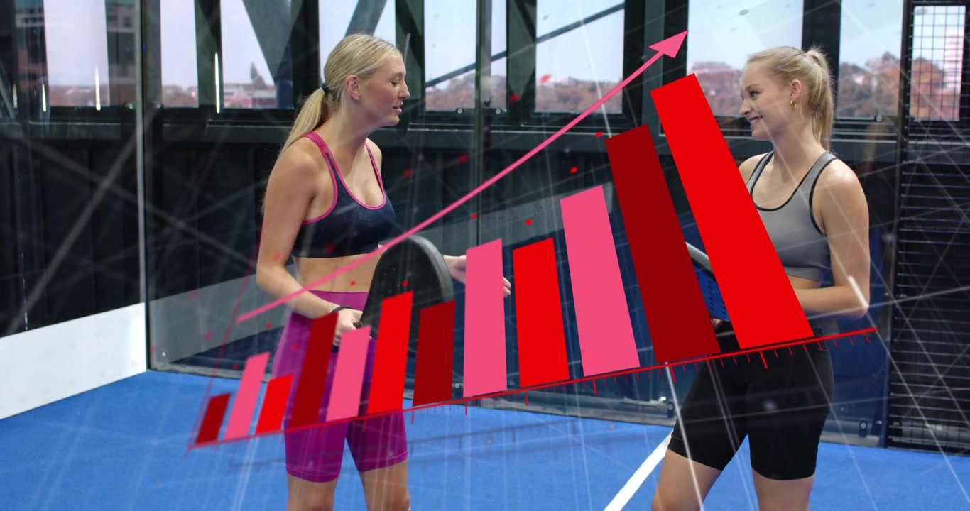 Women greeting on padel court as bar chart rising and showing stroke technique for sports coaching