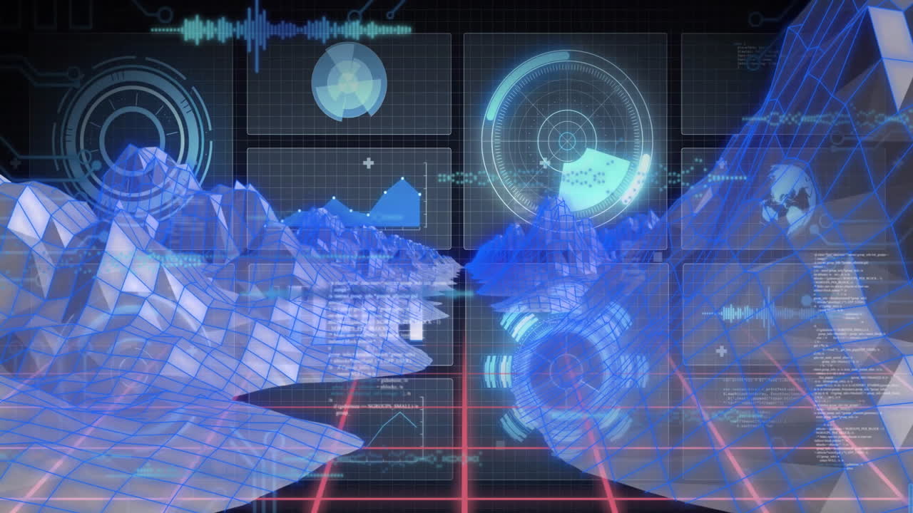 Animation of holographic mountains and data visualization in futuristic digital landscape