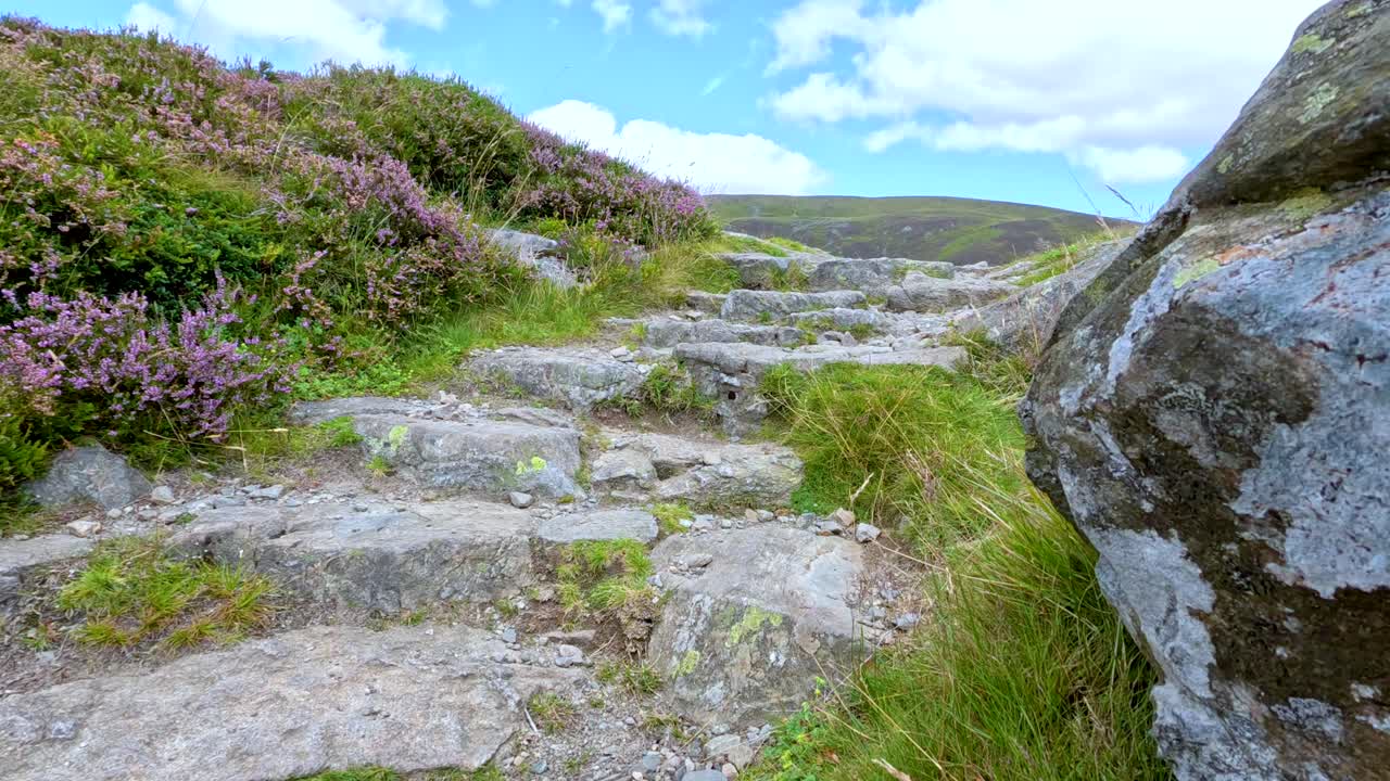 Camera moves steadily up rugged stone steps on a mountain trail, surrounded by heather and grass, under bright daylight in Glen Clova, Scotland