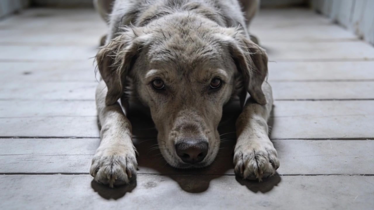 Die Kamera bewegt sich tief, ein großer Hund hebt den Kopf, blinzelt und fixiert seinen Blick auf abgenutzte Dielen, weiße Wände und sein Halsband.