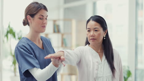 physiotherapist, doctor and asian woman stretching