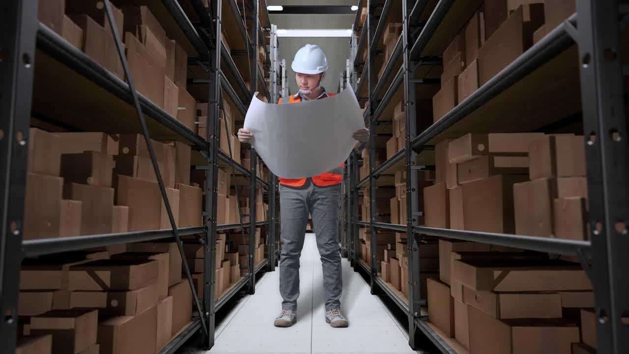 trabajador de almacén revisando planes