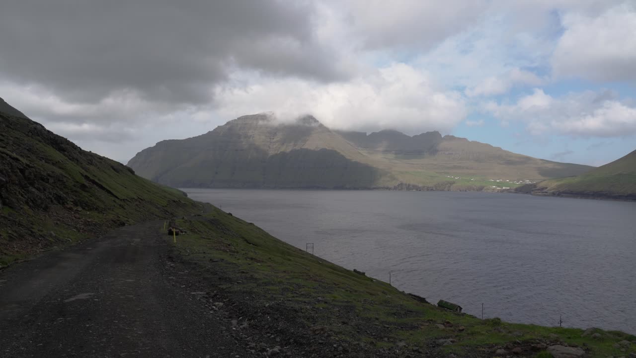 Panorama view from M&uacute;li to Vidoy in Faroe islands during cloudy grey day - panning shot