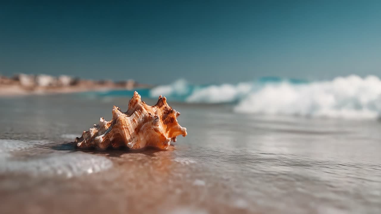 A Beautiful Close-Up of a Stunning Sea Shell on the Shoreline with Gentle Waves and White Foam Creating a Serene Coastal Atmosphere