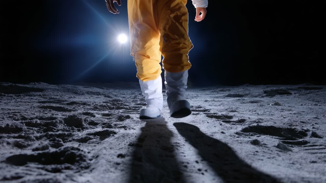 Explorando Novas Fronteiras: Uma Figura em Traje Espacial Amarelo Caminhando em uma Superfície Celestial Sob uma Fonte de Luz Brilhante, Capturando a Essência da Exploração Lunar.