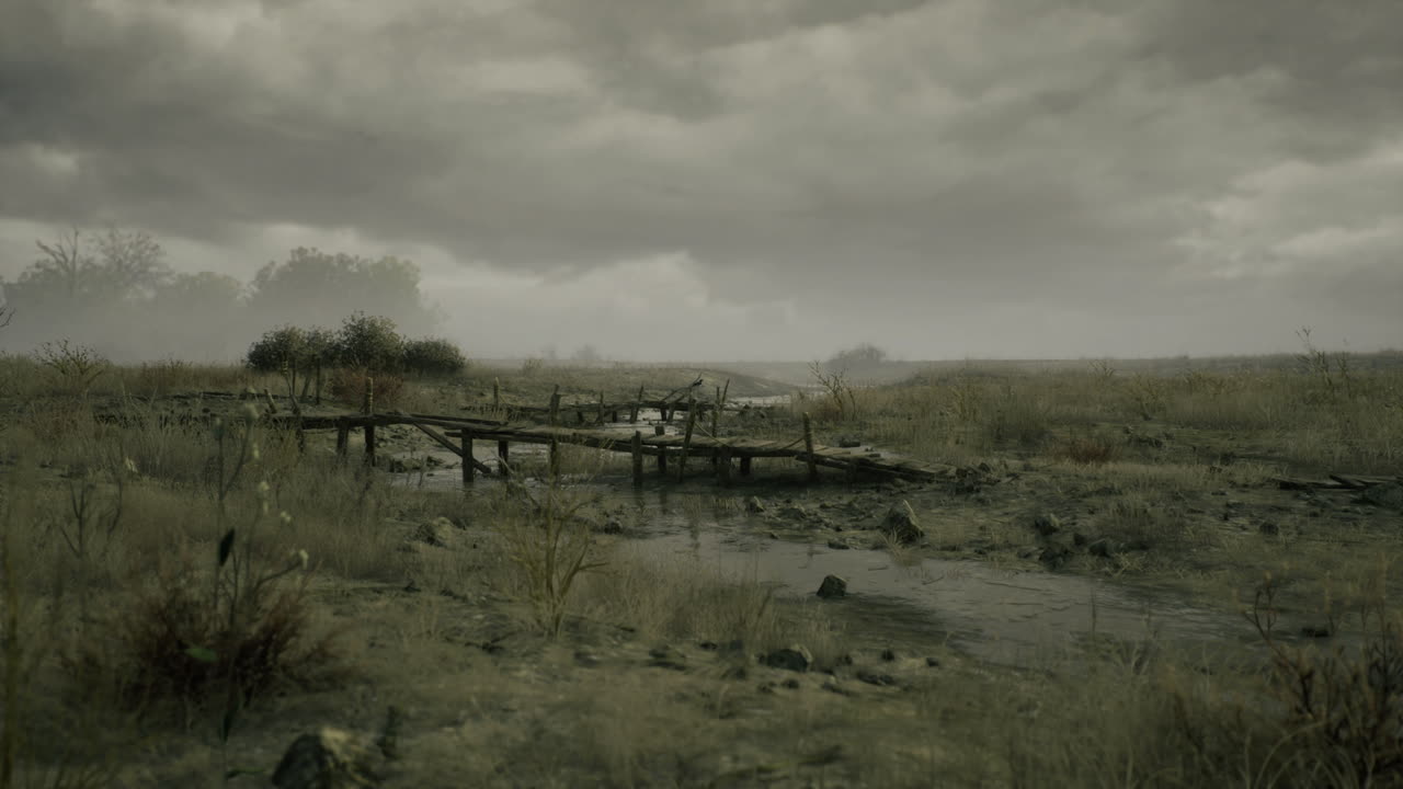 Scena di palude desolata, paesaggio tranquillo con pontile logoro e canne palustri.