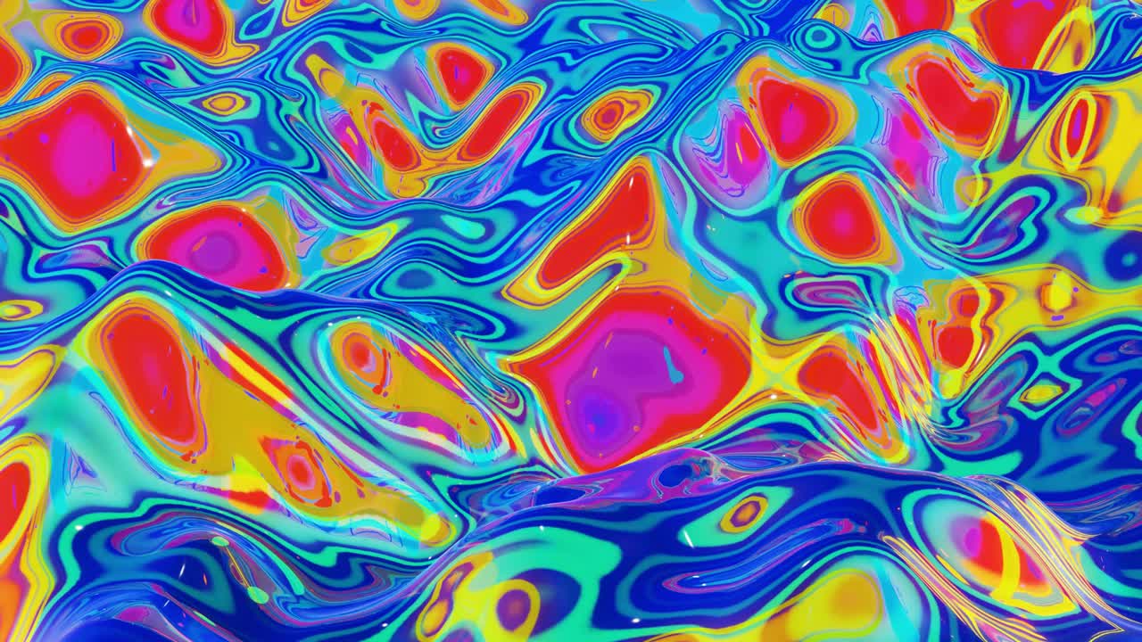 Liquid pattern like waves in looped motion. 3D stylish abstract iridescent bg of wavy surface like brilliant liquid glass with rainbow beautiful gradient colors. 4k trendy colorful fluid animation.